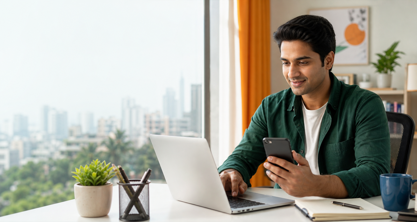 Indian game promoter using smartphone and laptop